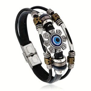 Bracelet Cuff Evil Third Eye Layered Stainless Leather Metal Beads Unisex Trendy